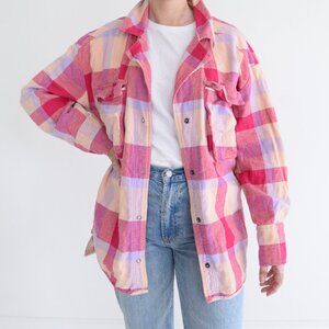 Free People Pink Plaid Button-Down Shirt Jacket
